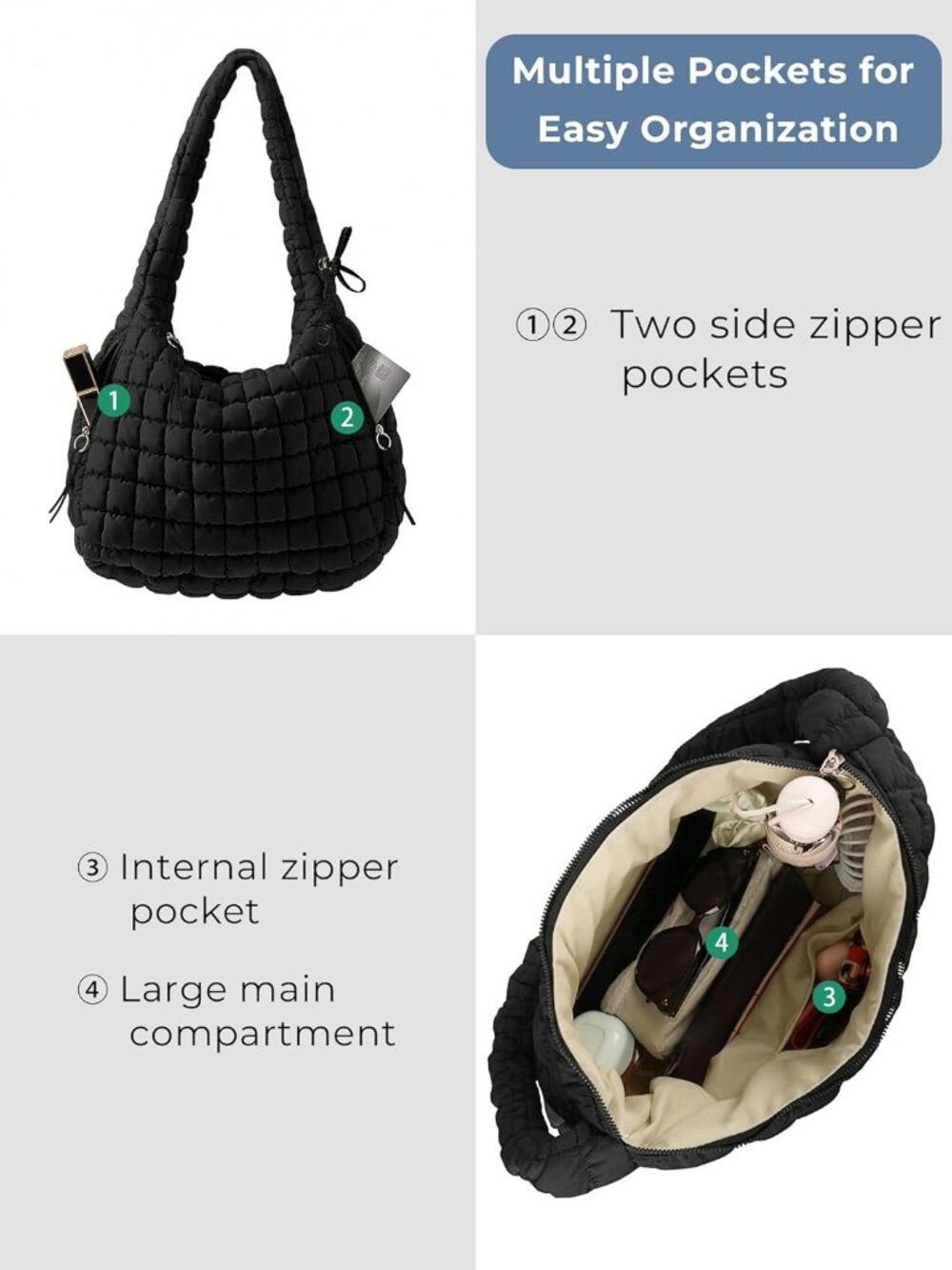 Puffer Quilted Tote Bag for Women Nylon Crossbody Bags Puffy Purse Hobo Large Sh - Picture 4 of 5